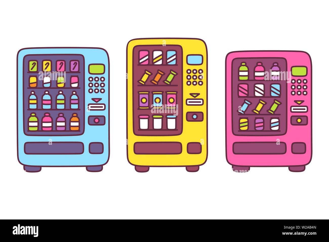 Cute cartoon vending machine drawing set. Automated snack food machines with drink bottles, chips and candy. Simple doodle style vector illustration. Stock Vector