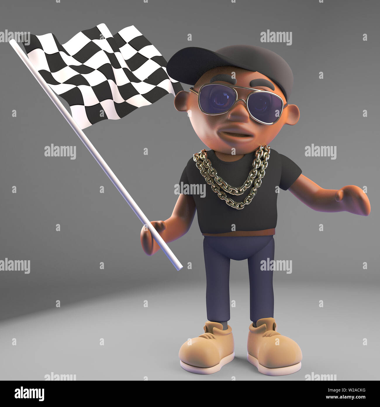 Cool black hiphop rap artist waves the checkered flag, 3d illustration ...