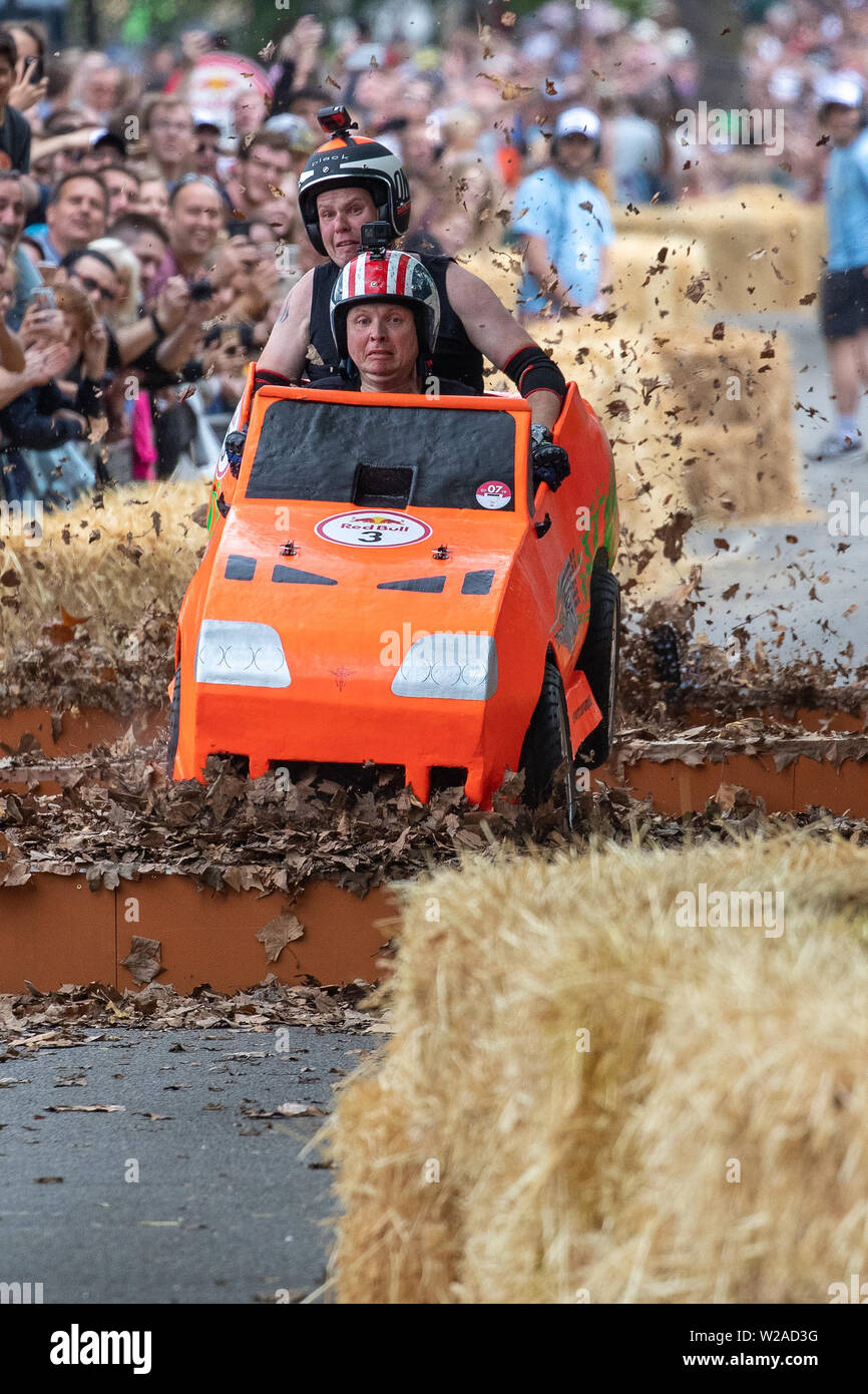 London, UK. Sunday 7 July 2019. teams compete in The Red Bull Soapbox ...