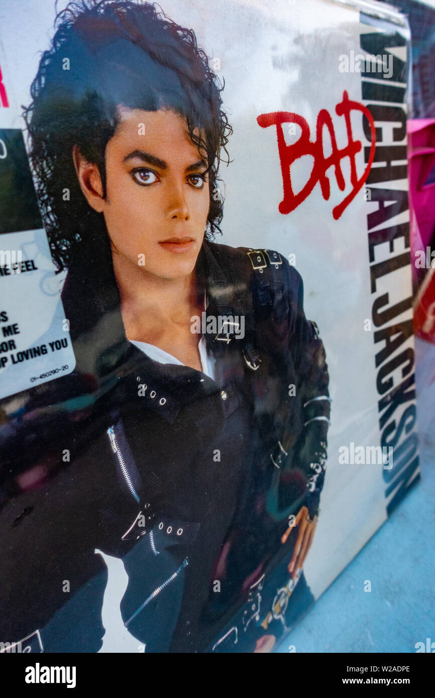 up photograph and image of Michael Jackson on the cover of Bad, his Ironic album and this vinyl LP sale in a French market stall Stock Photo - Alamy