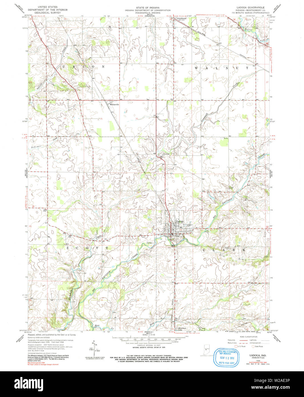 USGS TOPO Map Indiana IN Ladoga 156081 1958 24000 Restoration Stock Photo