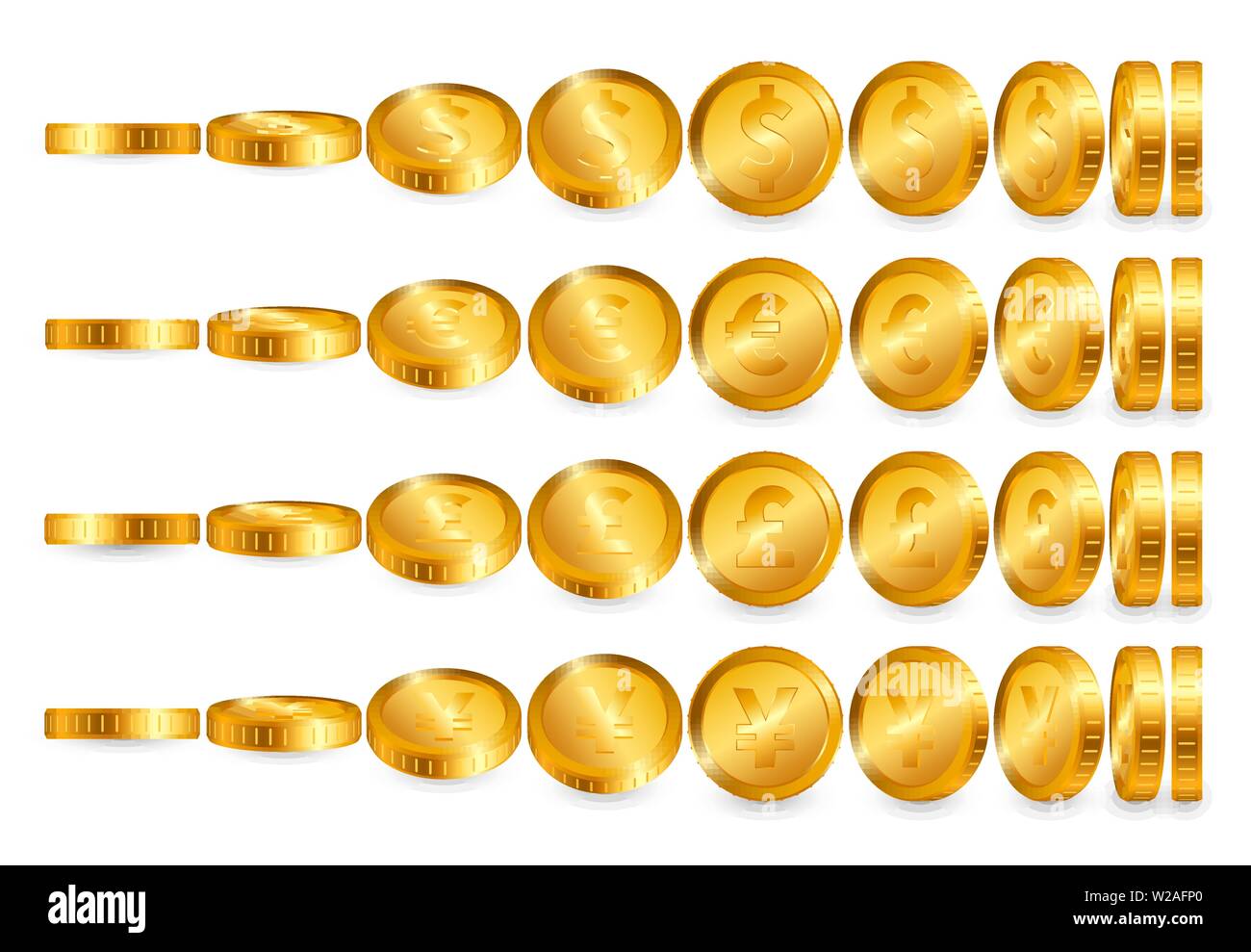 Dollar Euro Pound Yen Gold coins set isolated on white background ...