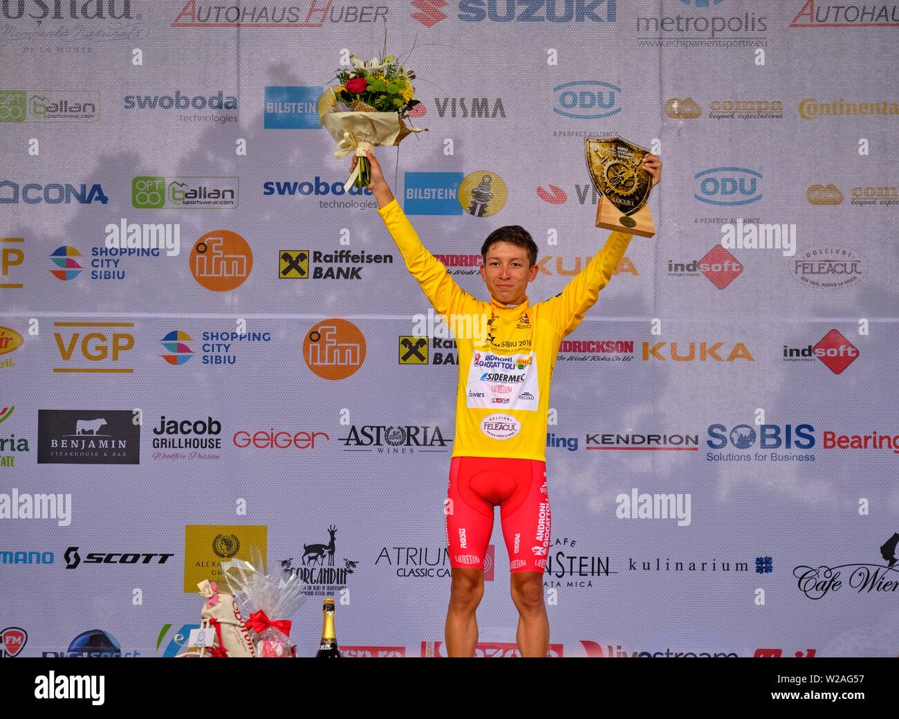 Cyclist Kevin Manuel Rivera Serrano ( Team Androni Giocattoli- Sedermerc) overall winner of the Sibiu Cycling tour, Romania, July 7, 2019 Stock Photo