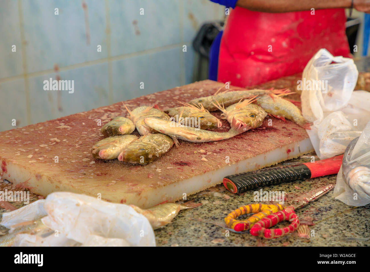 Details of pearly goatfish on wooden cutting board at Al Khor Fish Market in Qatar, Middle East, Arabian Peninsula. Stock Photo