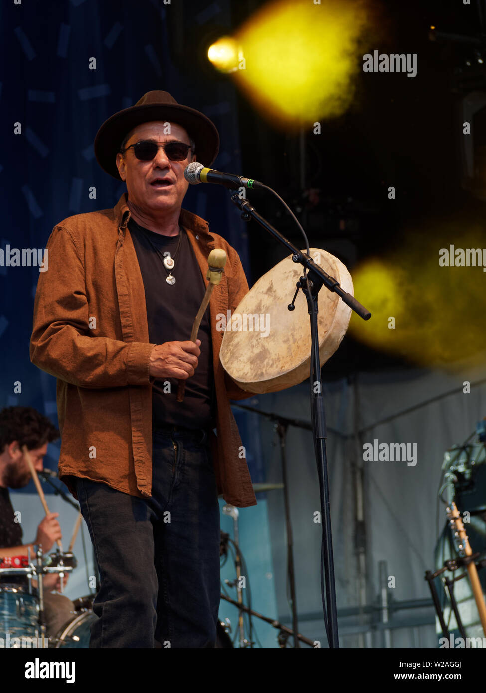 Montreal, Canada. 6/17/2019. Canadian Innu singer-songwriter Florent Volant perform on stage at the Francos French music festival in downtown Montreal Stock Photo