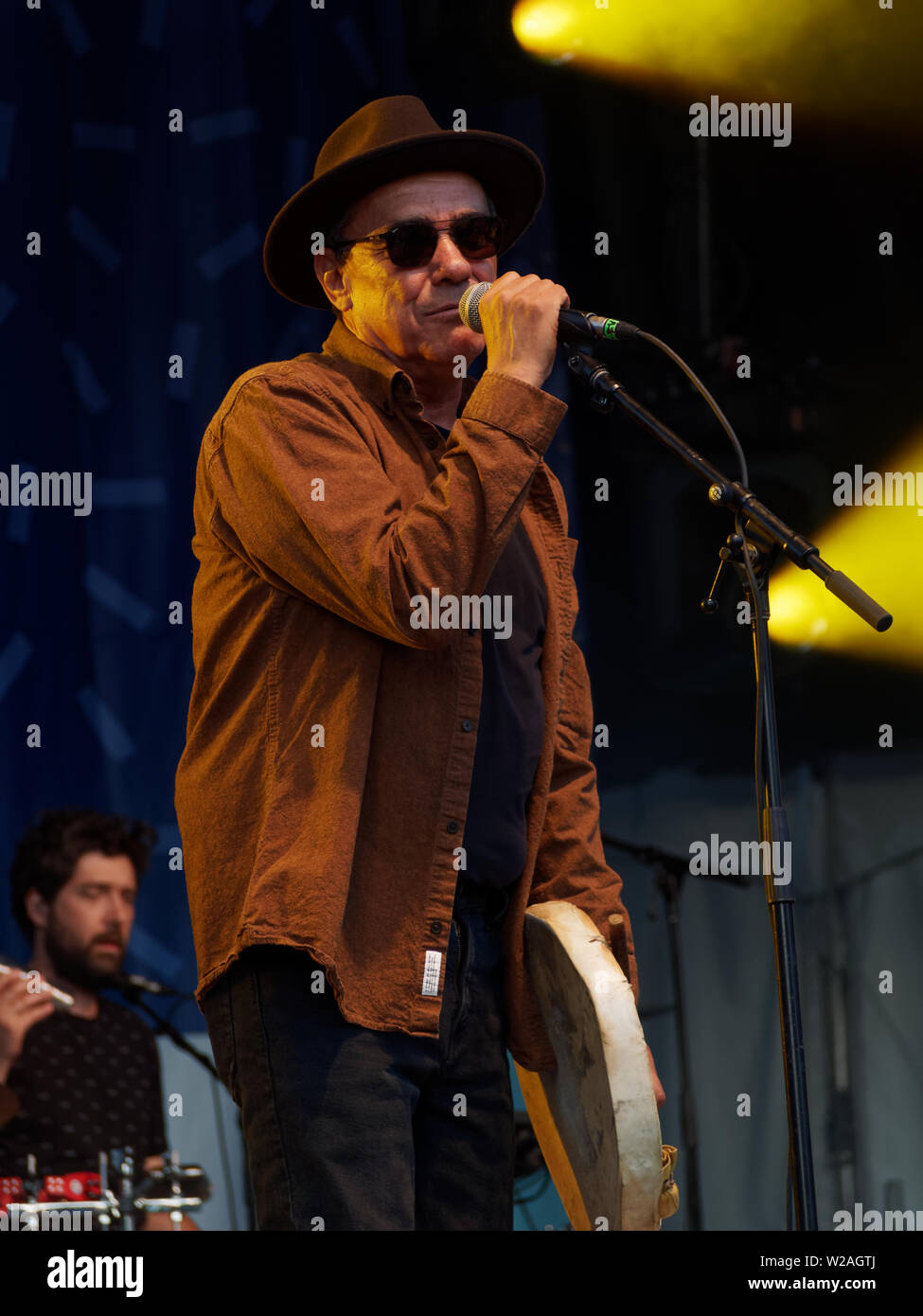 Montreal, Canada. 6/17/2019. Canadian Innu singer-songwriter Florent Volant perform on stage at the Francos French music festival in downtown Montreal Stock Photo