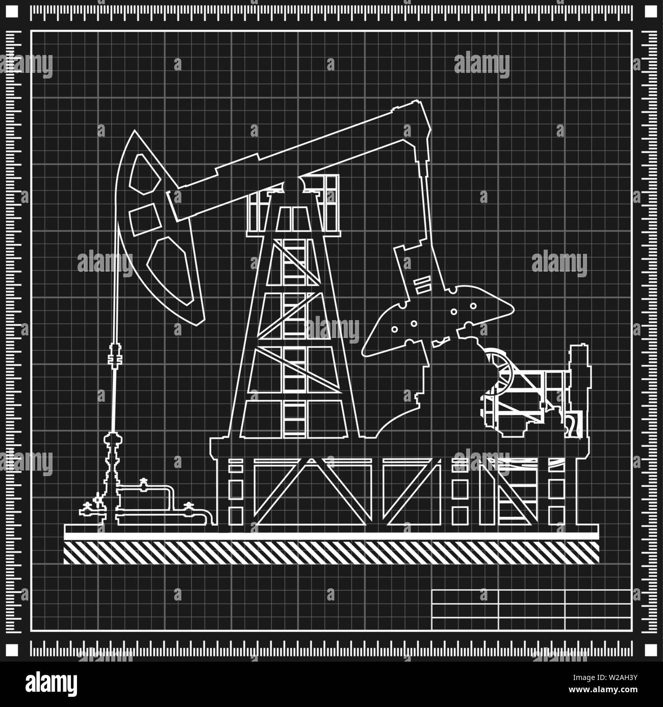 Oil pump silhouette on blueprint background. Vector Stock Vector