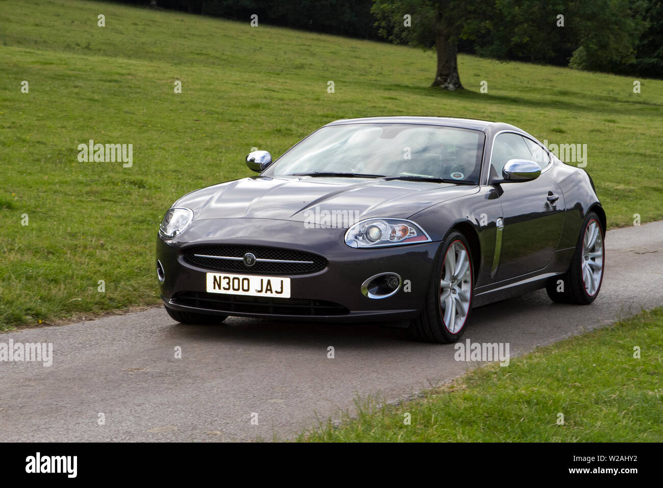 Vintage motors and collectibles 2019; A Jaguar classic sports car at Leighton Hall transport show, collection of cars & veteran vehicles of yesteryear Stock Photo