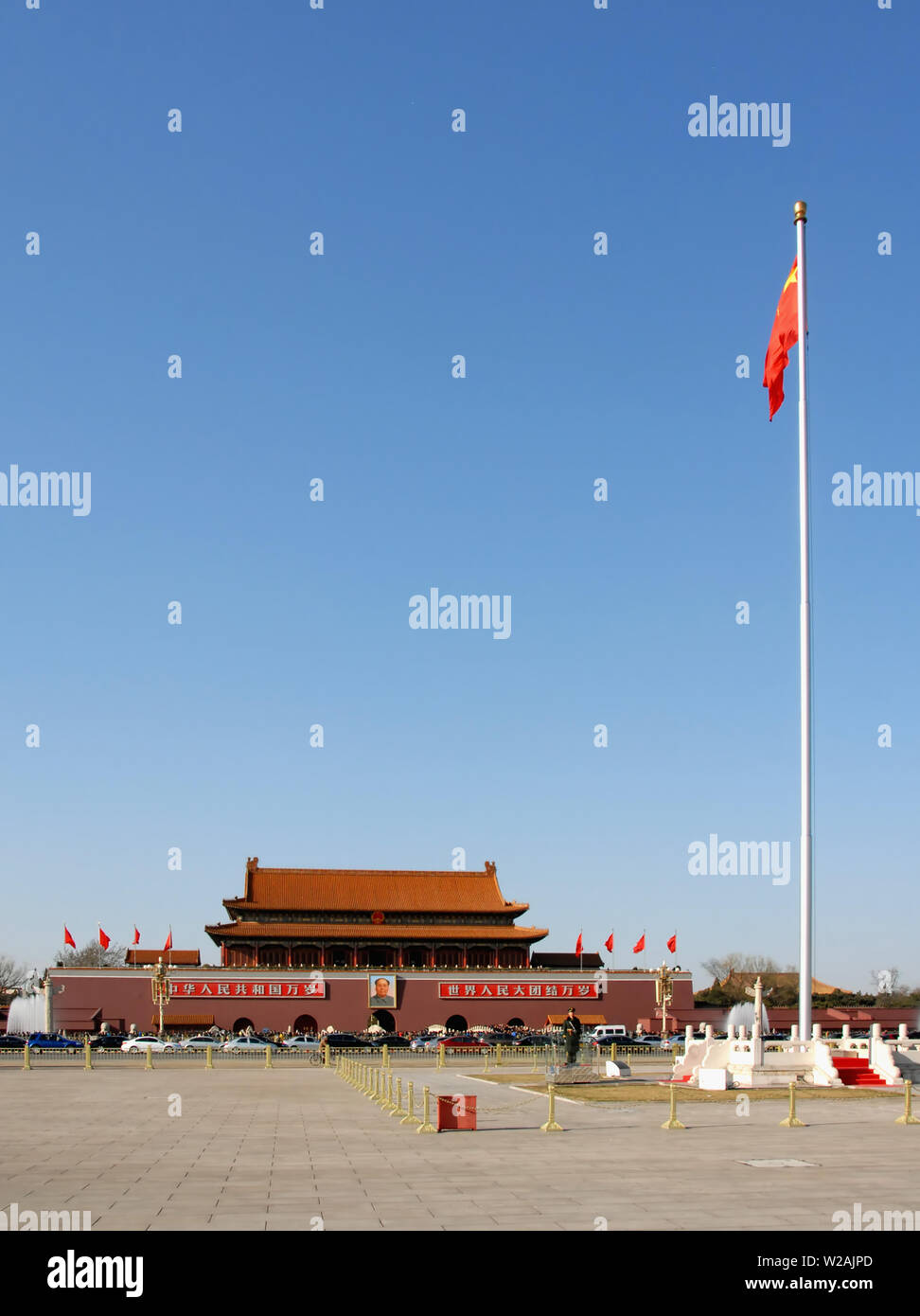 Tiananmen Square, Beijing, China and Gate of Heavenly Peace. Tiananmen Square is a famous landmark in Beijing. Tiananmen leads to the Forbidden City. Stock Photo