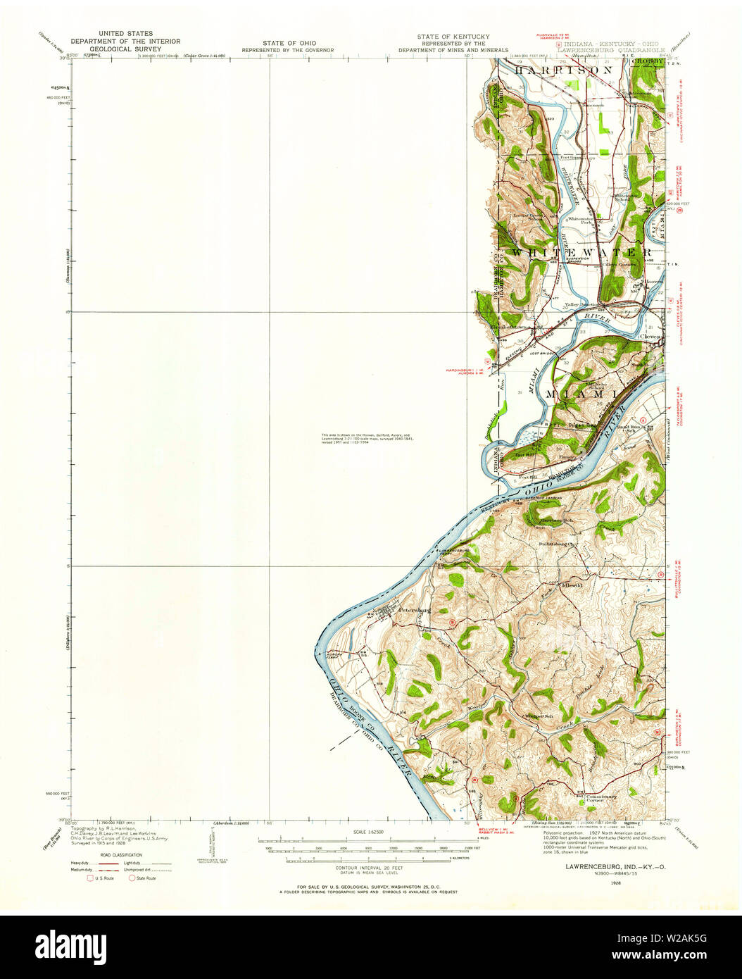 USGS TOPO Map Indiana IN Lawrenceburg 157036 1928 62500 Restoration Stock Photo