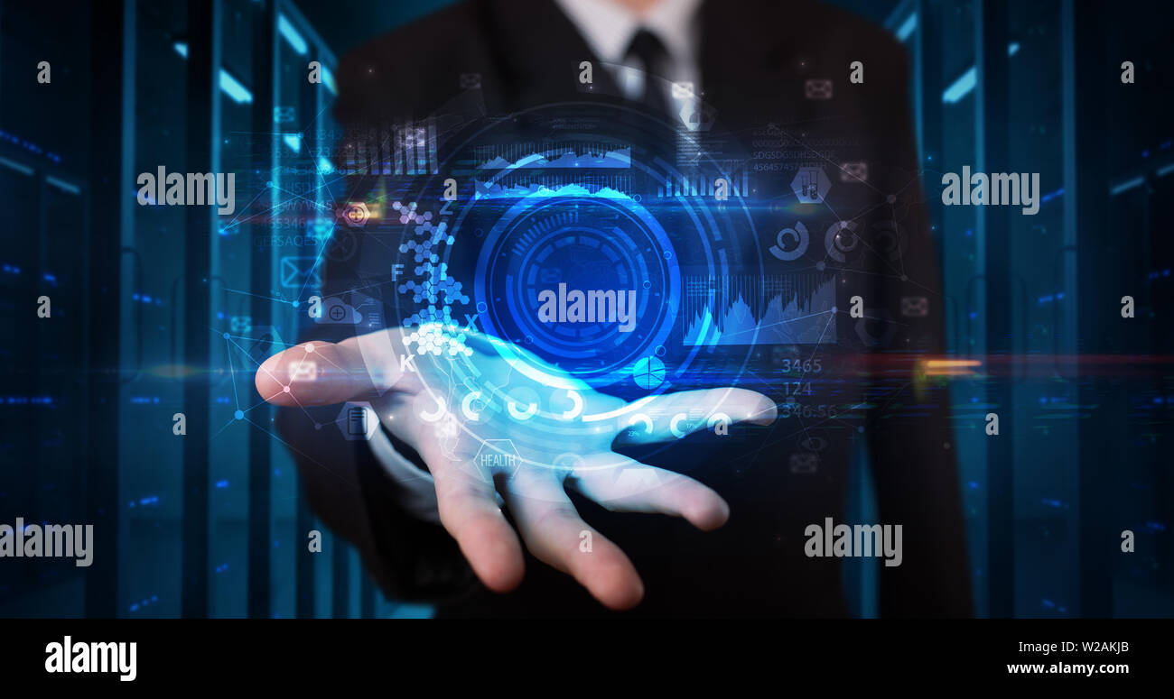 Man holding hologram projection displaying biometric security concept Stock Photo