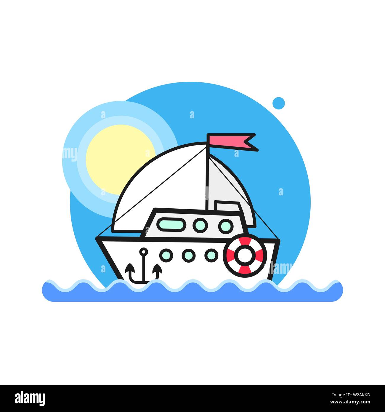 Illustration of sea view with a floating sailing boat in the sea. Sea