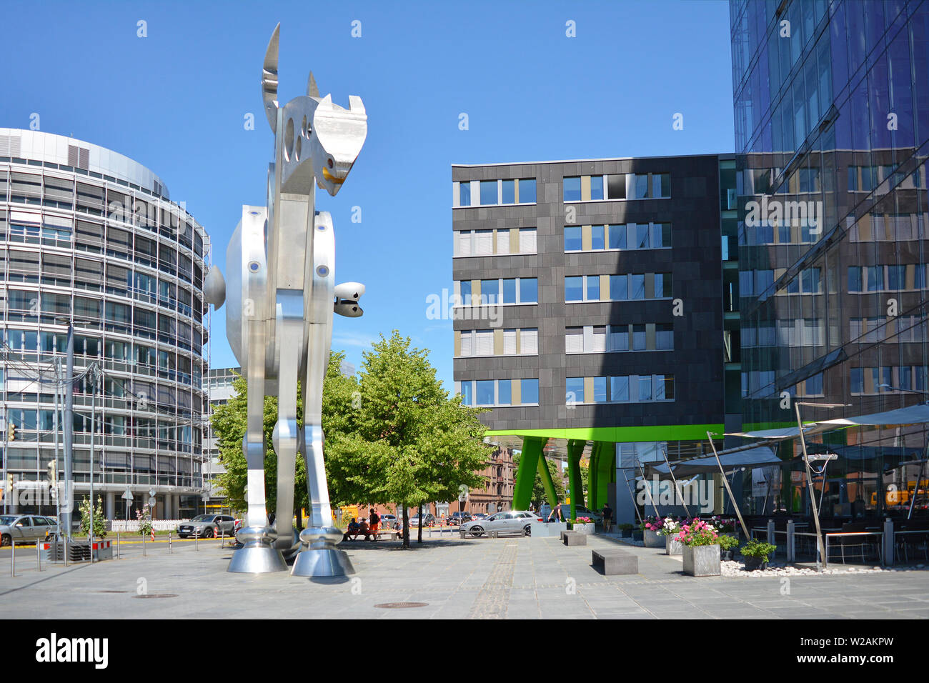 Heidelberg, Germany - July 2019: Small square in front of modern Print Media Academy building with steel sculpture horse called 'S-Printing Horse' Stock Photo