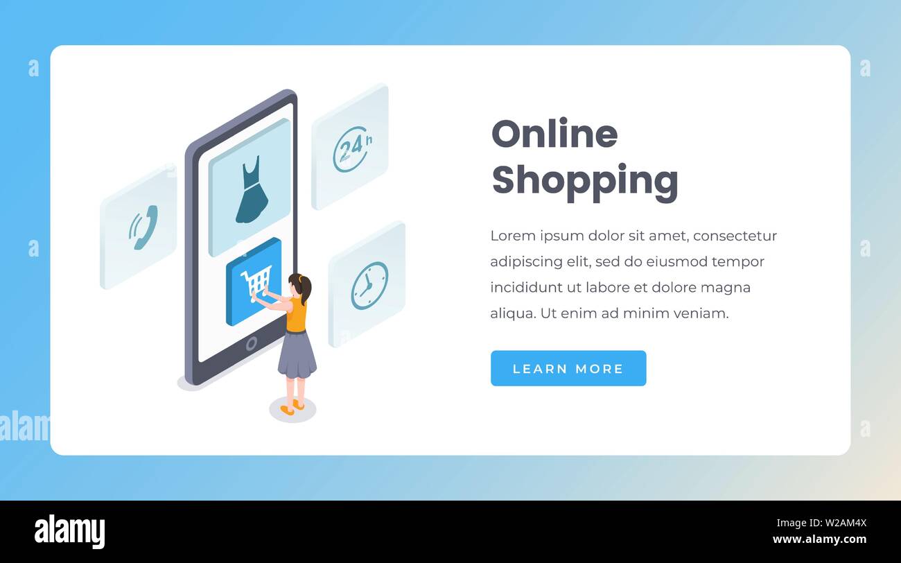 Online shopping isometric landing page vector template. Woman uses smartphone to buy clothes, mobile service for purchases website, webpage. Internet store app, young girl making order 3d concept Stock Vector