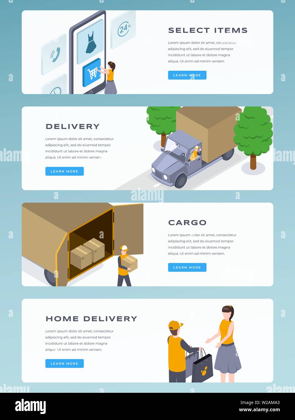 Online delivery isometric landing page vector template. Select items, cargo, home delivery, fast shipment website, steps. Deliveryman giving order to young girl 3d concept Stock Vector