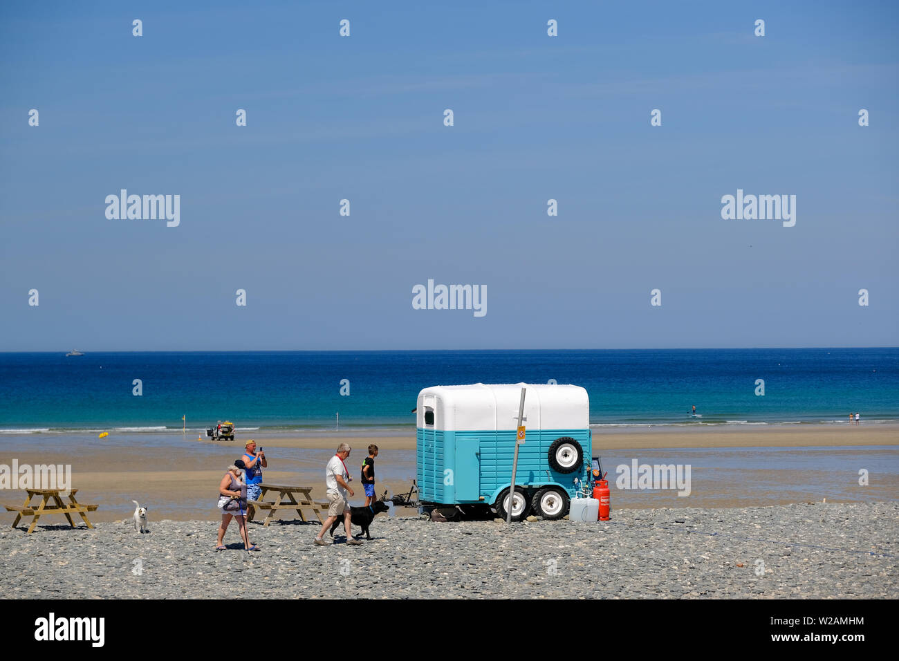 The Hungry Horsebox cafe overlooking the beach at Godrevy in Cornwall. Stock Photo
