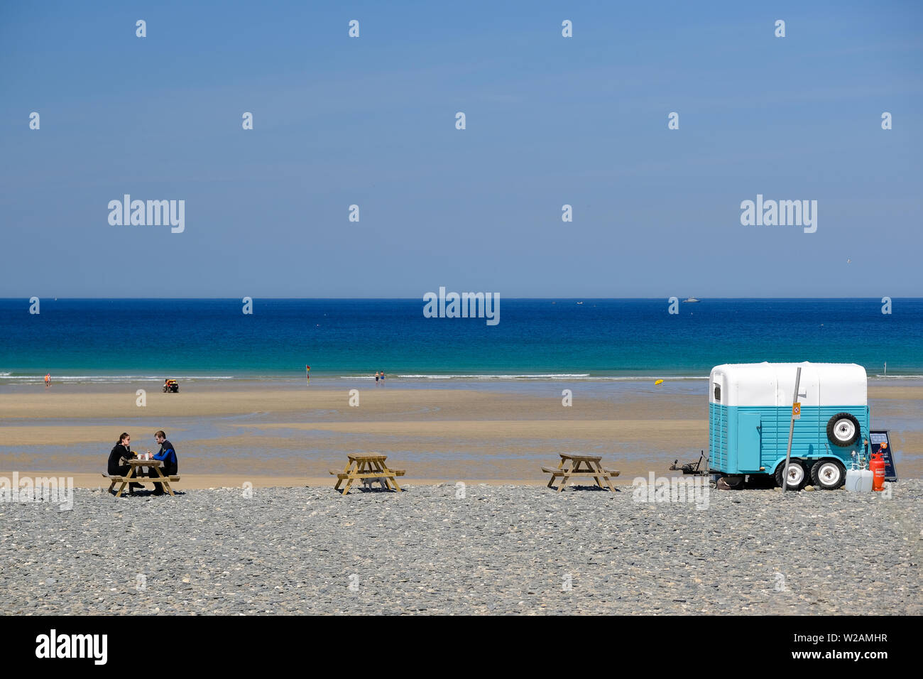 The Hungry Horsebox cafe overlooking the beach at Godrevy in Cornwall. Stock Photo