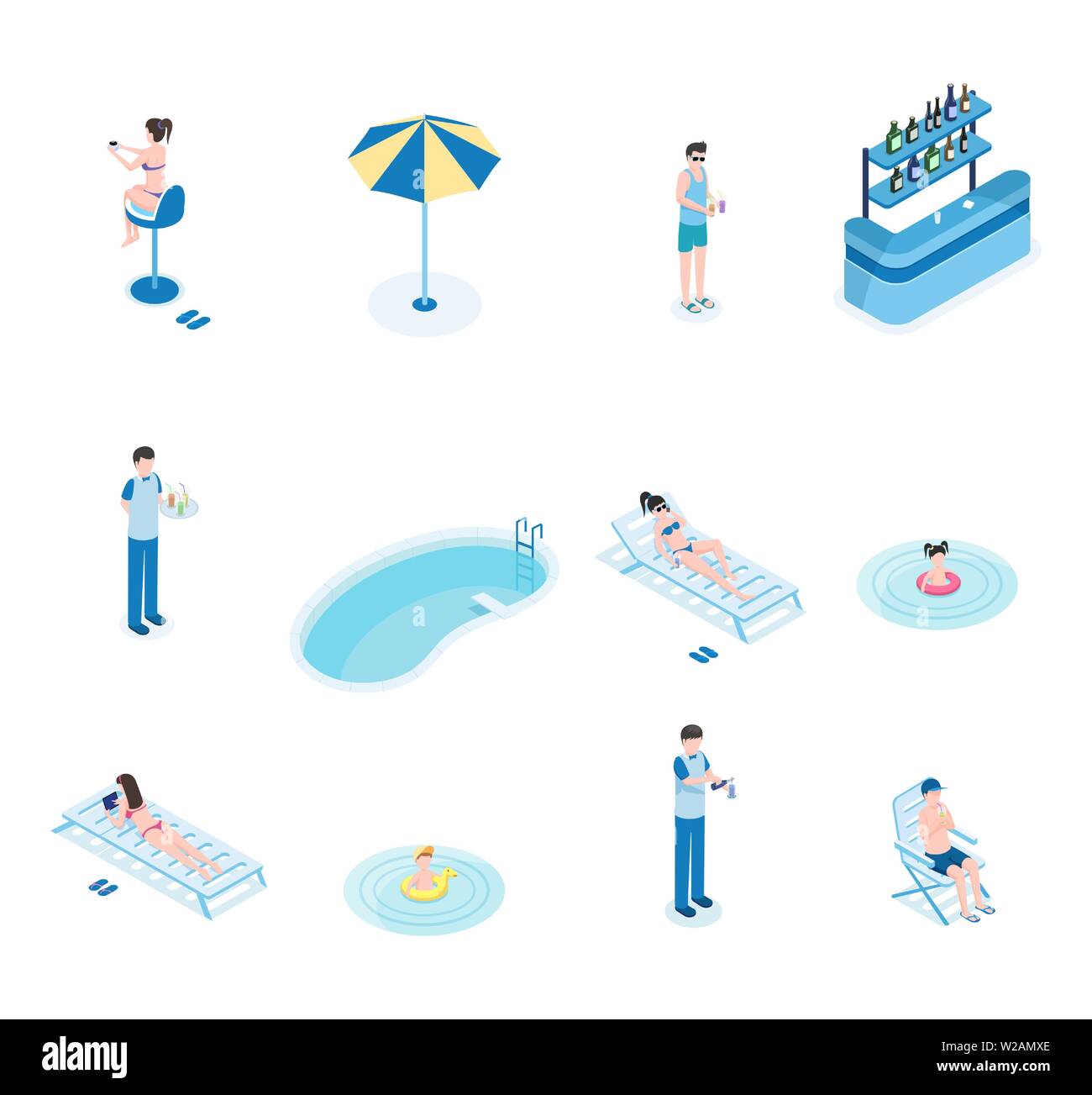 Summertime leisure isometric vector illustrations set. Tourists, bartender and waiter 3D cartoon characters. Women sunbathing on chaise lounges, man with cocktails, children swimming, empty pool Stock Vector