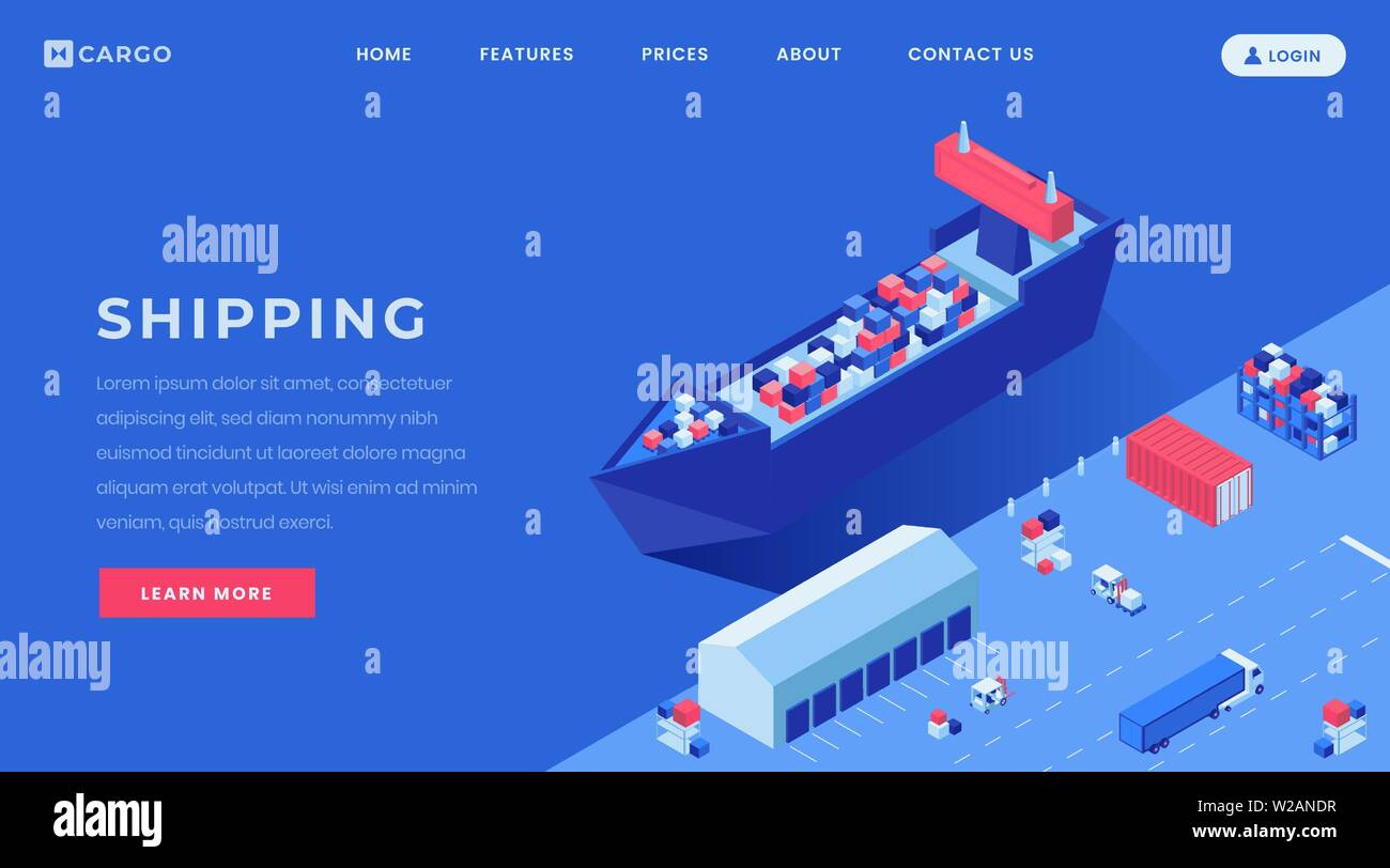 Commercial conveyance landing page vector layout. Shipyard, harbor website homepage interface idea with isometric illustrations. Goods shipping business web banner, webpage cartoon concept Stock Vector