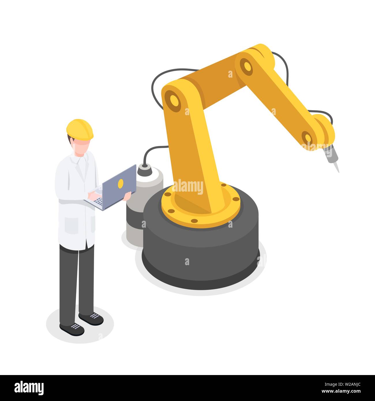 Engineer, programmer controlling robotic arm manually. Robotics, cybernetics scientist working with technology isometric vector illustration. Automated, preprogrammed production technology 3d concept Stock Vector