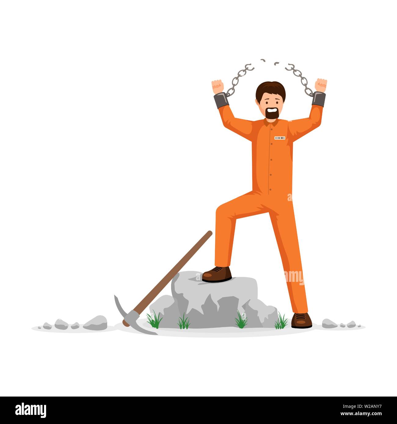 Freed prisoner with broken chains vector illustration. Man in orange prison uniform, hard labourer, rioting, conquering freedom. Male captive on correctional labour tearing shackles chain apart Stock Vector