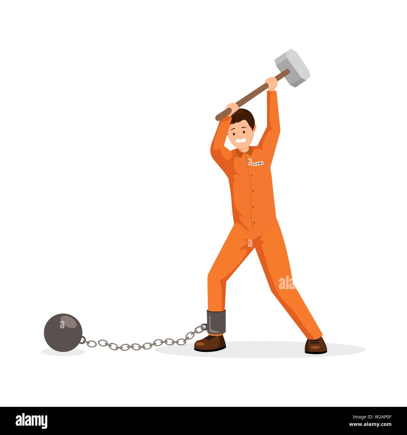 Convict breaking chain flat vector illustration. Man in prison uniform holding huge sledge hammer, trying to break chain with ball. Avoiding responsibility burden, mental pressure metaphor Stock Vector