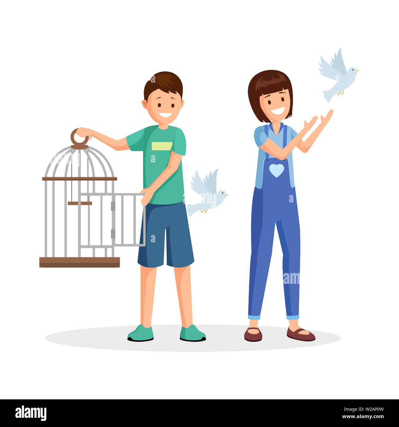 Children setting birds free vector illustration. Cartoon kids, teenagers with open birdcage liberating pigeons. Animal rights activists, volunteers fighting for wild species natural habitat Stock Vector