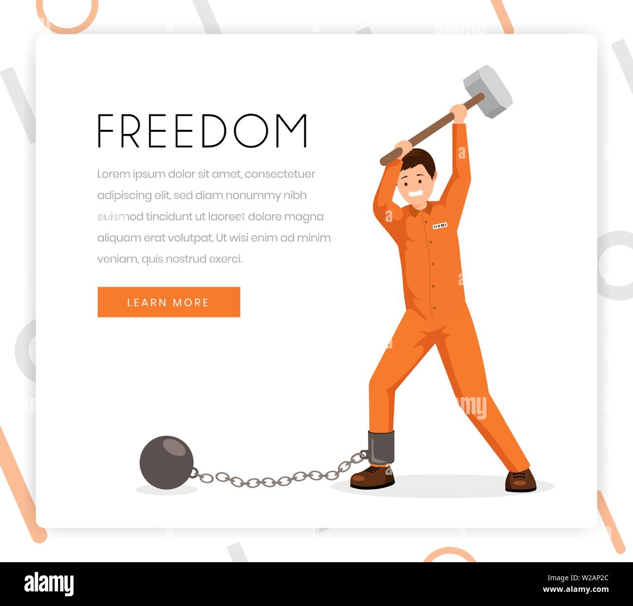 Fighting slavery vector landing page template. Prisoner, convict in uniform breaking shackles with sledge hammer. Human rights organization, freedom fighters foundation homepage design layout Stock Vector