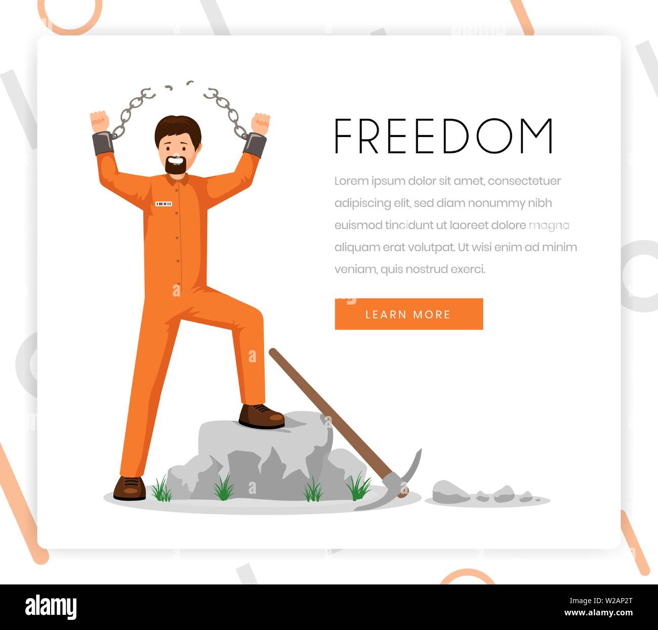 Conquering freedom vector landing page template. Liberated prisoner, convict in uniform with broken shackles with victorious gesture flat character. Human rights organization homepage design layout Stock Vector