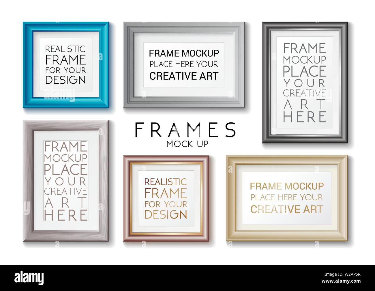 Realistic rectangular gold and blue frames set template, frames on the wall mockup with decorative borders Stock Vector