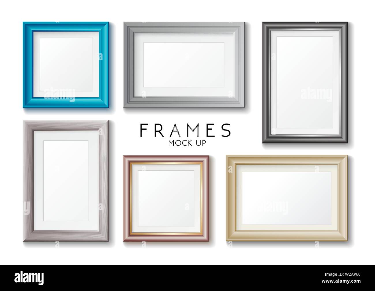 Realistic rectangular gold and blue frames set template, frames on the wall mockup with decorative borders Stock Vector