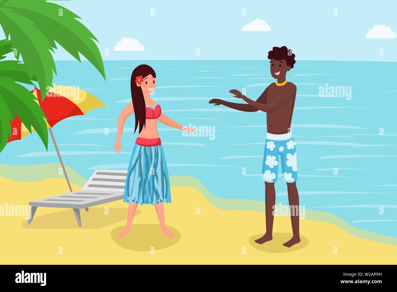 Summertime vacation on luxury tropical island. Cute couple, girlfriend and boyfriend dancing on seashore cartoon character illustration. Experiencing foreign culture, traditions flat vector concept Stock Vector