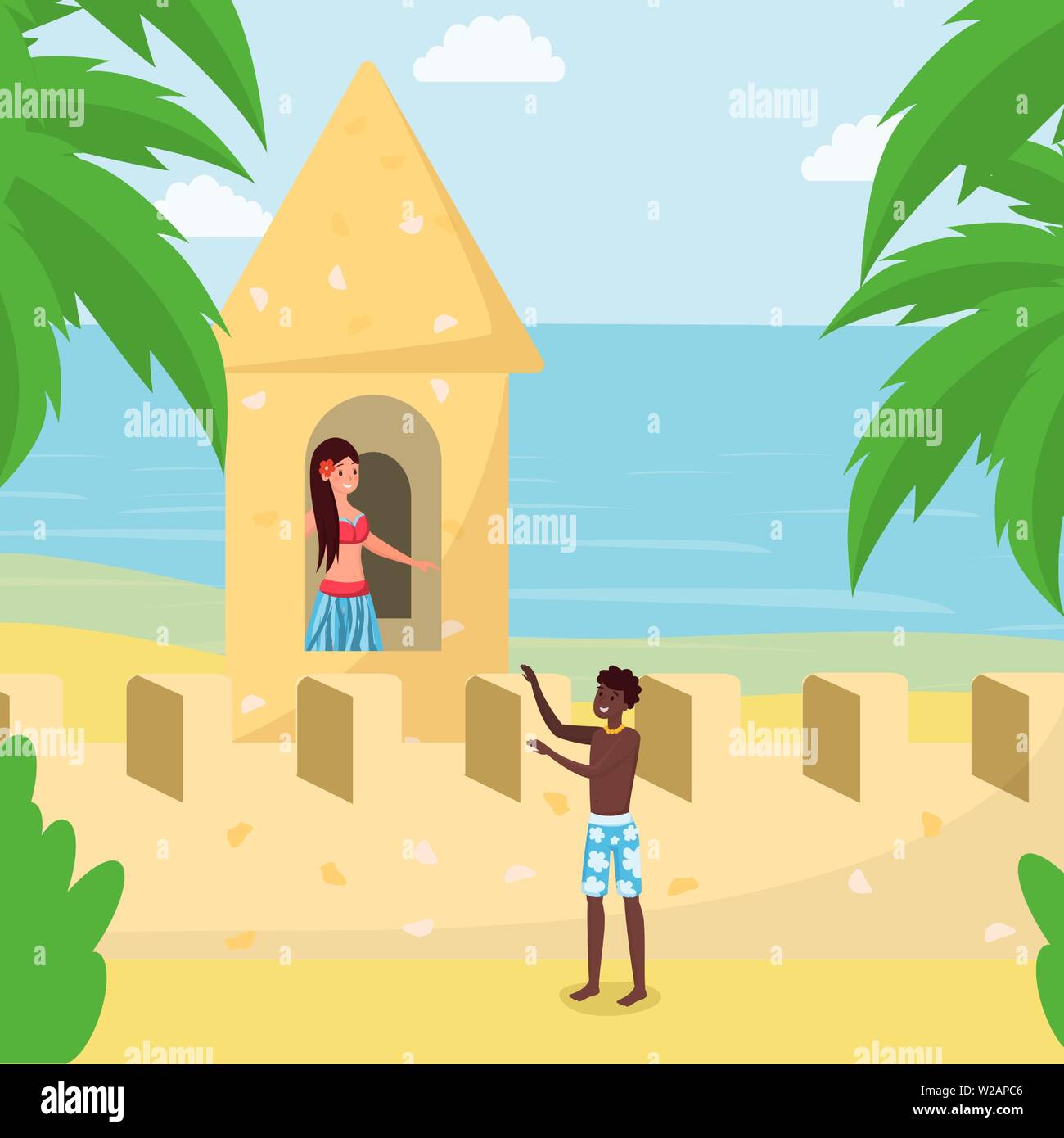 Boyfriend saving girlfriend from sand castle. Amazing sandcastle, sculpture on ocean, sea shore of tropical island cartoon vector illustration. Having fun, spending time with friends on vacation Stock Vector
