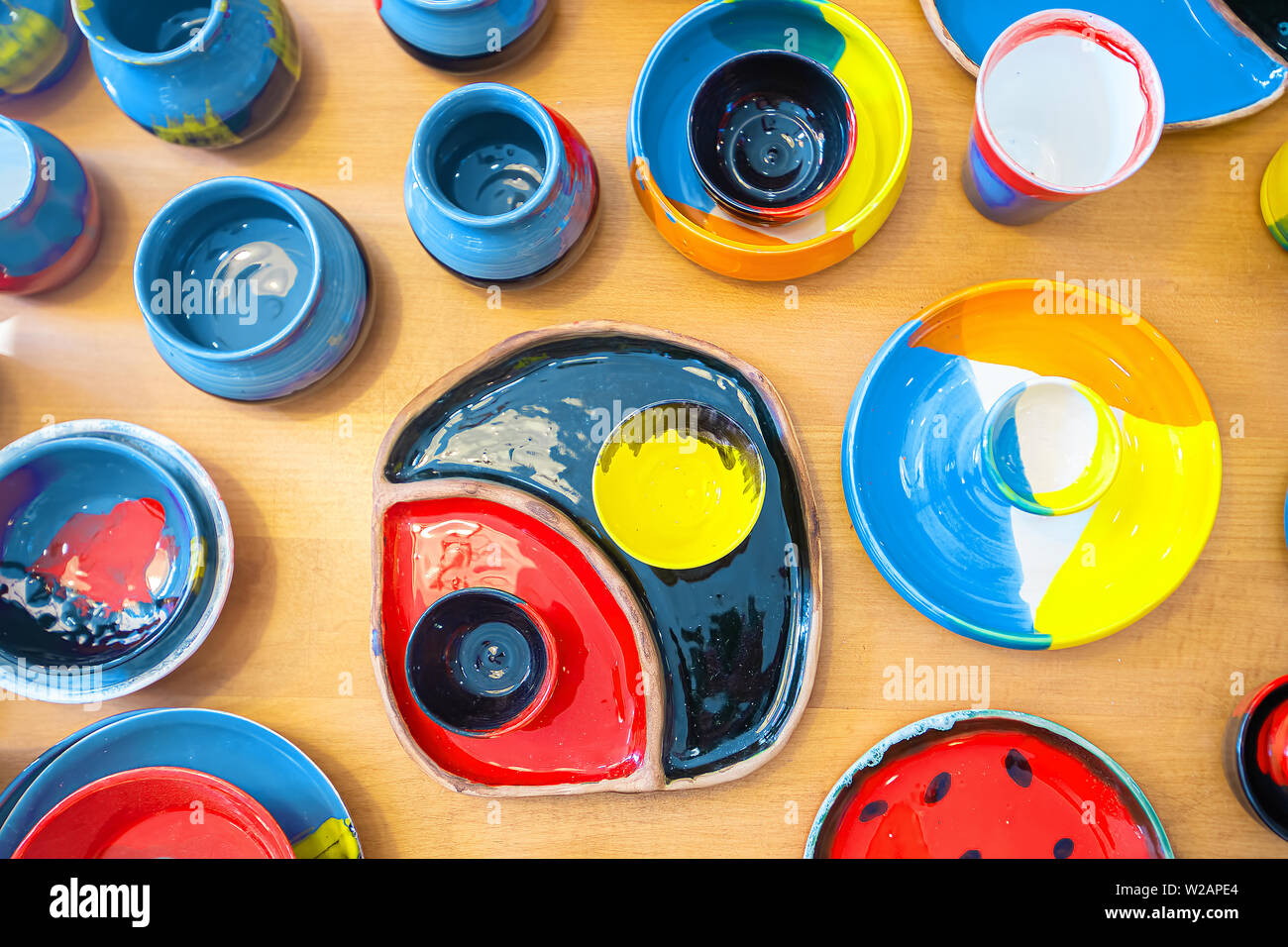 Different tableware on wooden background Stock Photo