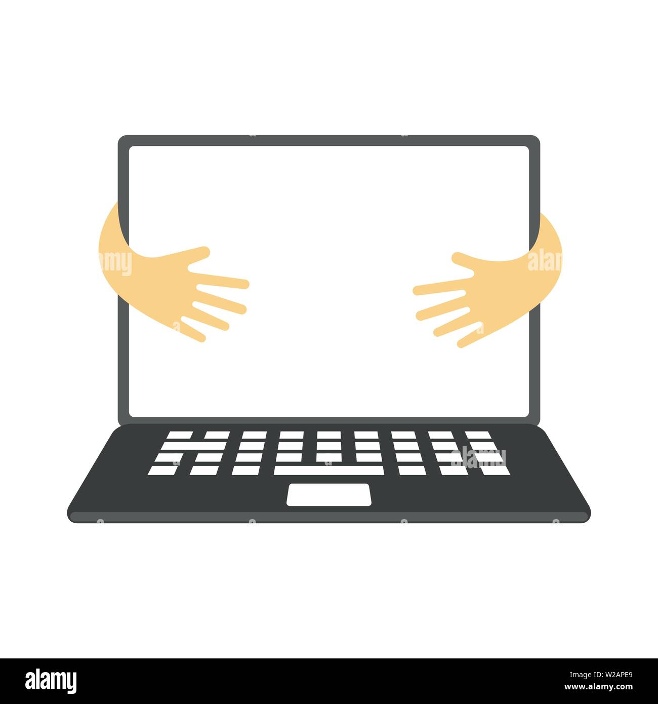 Laptop with blank display flat vector illustration. Business, remote job, freelance, office work attribute. Modern electronic device, portable wireless computer, freelancer equipment hugged by arms Stock Vector