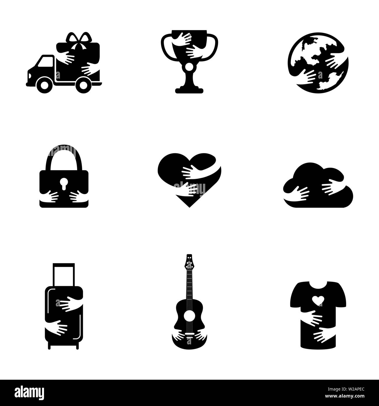 Negative space icons set for various themes. Delivery service, internet technology and love silhouette symbols. Trophy, lock, luggage and t shirt with heart hugged by arms vector isolated illustration Stock Vector