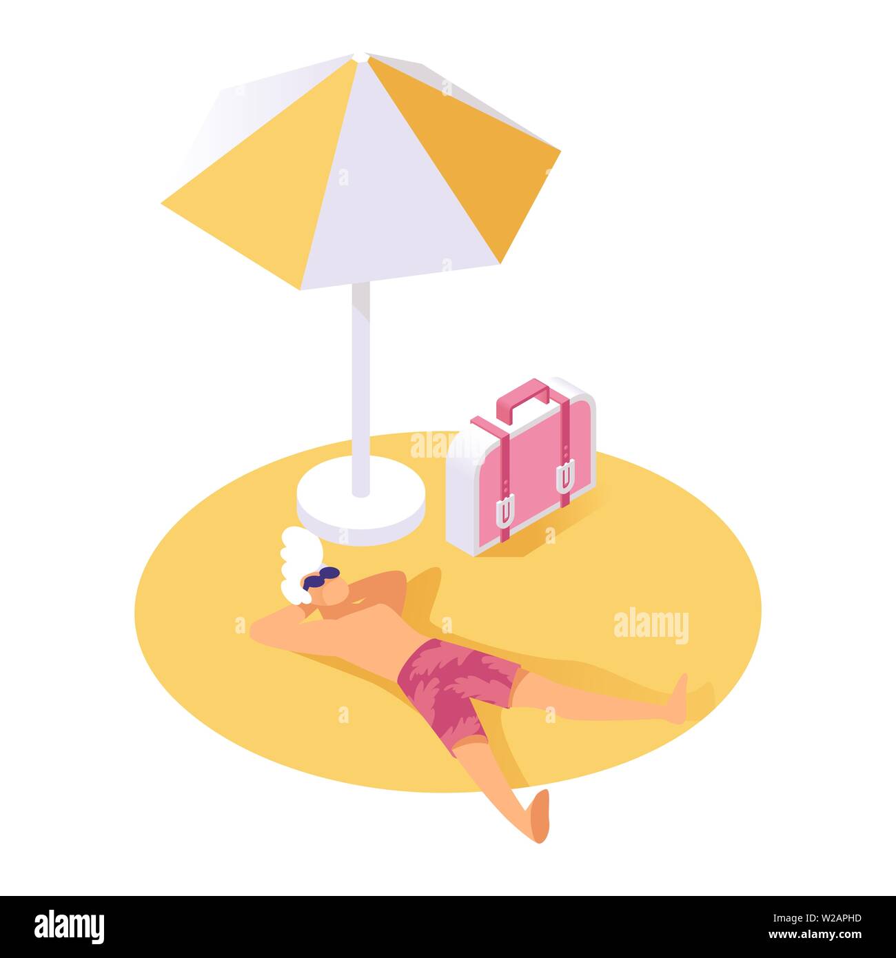 Man relaxing on sand isometric vector illustration. Tourist resting during summer holidays, vacation, weekend 3d concept. Summertime resort, trip to tropical island, hot travel agency tour Stock Vector
