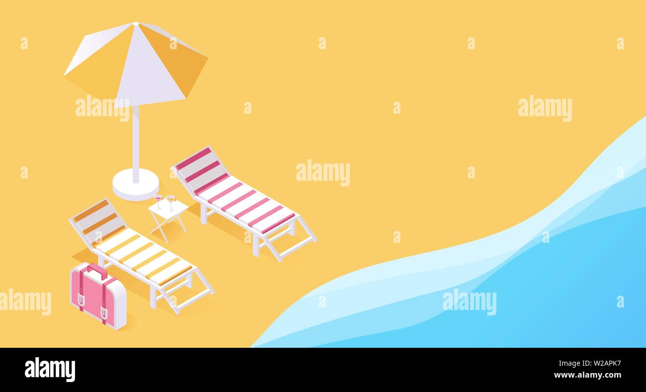 Summertime tropical holiday resort 3d concept. Two lounge chairs on seashore, ocean shore in summer isometric vector illustration. Spending hot vacation days on sandy beach under umbrella Stock Vector