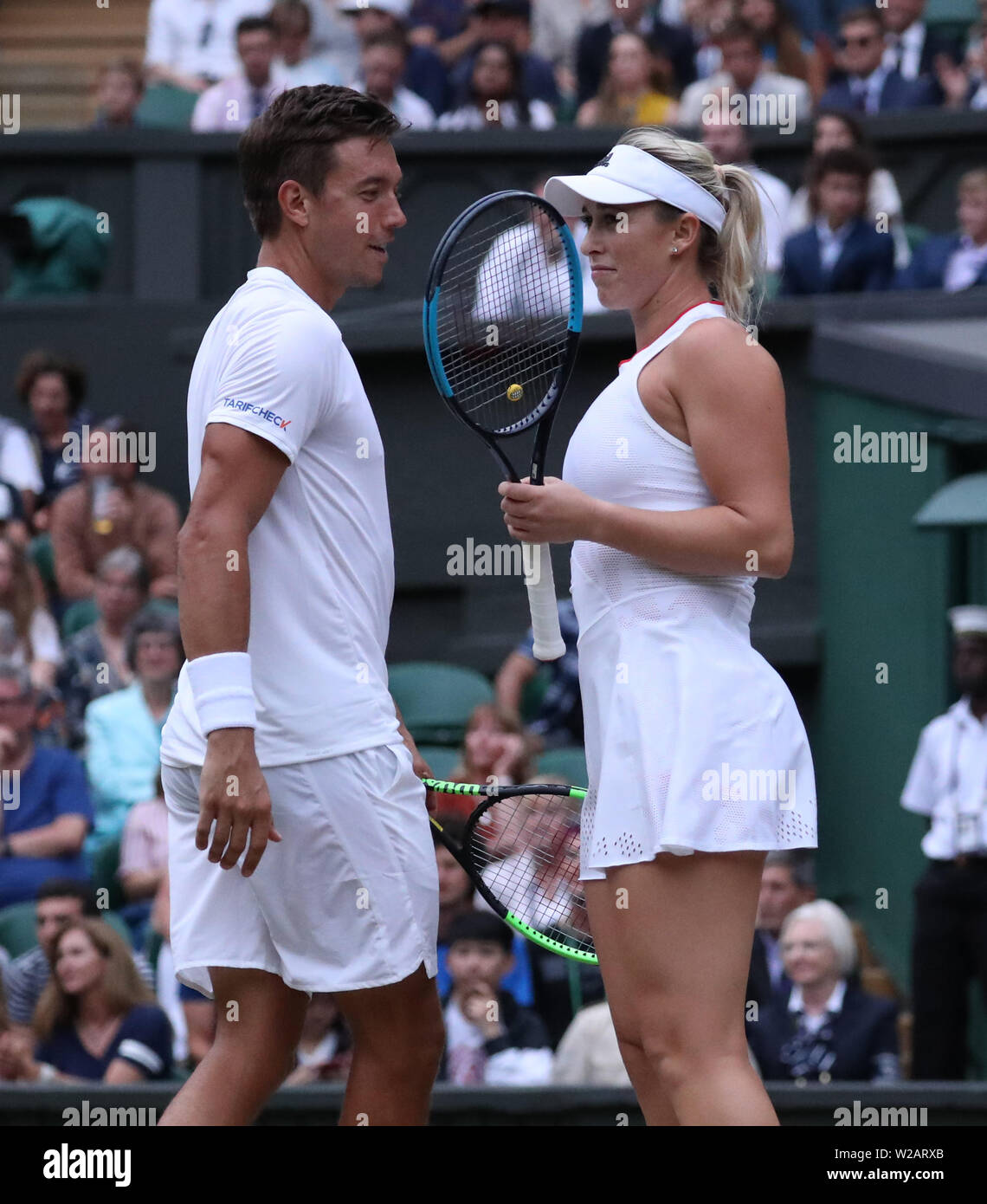 London, UK. 06th July, 2019. Andreas Mies and Alexa Guarachi in mixed  doubles against Andy Murray and Serena Williams on Day Six at The Wimbledon  Championships tennis, Wimbledon, London on July 6,