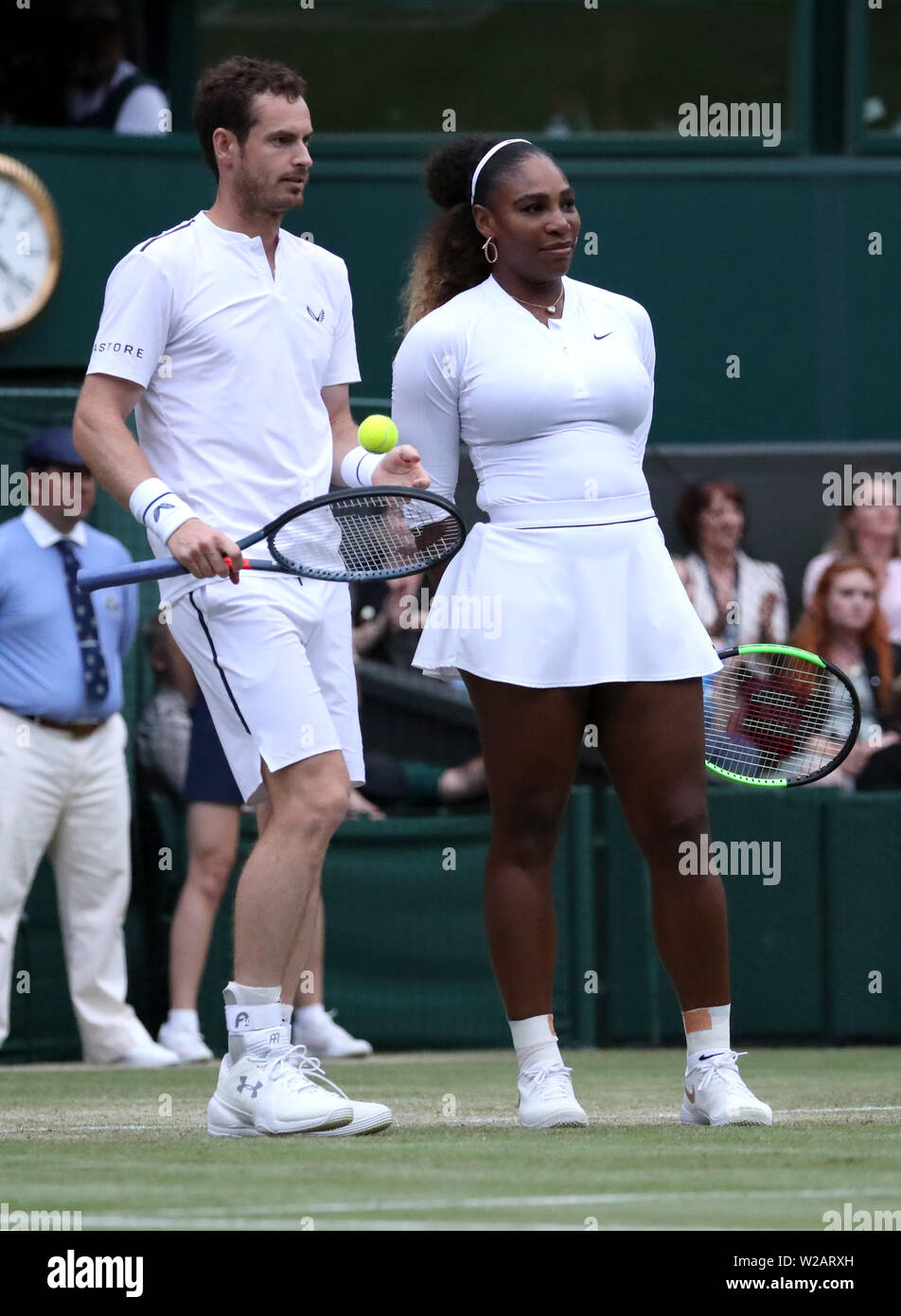 London, UK. 06th July, 2019. Andy Murray and Serena Williams whilst winning  in the mixed doubles against Andreas Mies and Alexa Guarachi on Day Six at  The Wimbledon Championships tennis, Wimbledon, London
