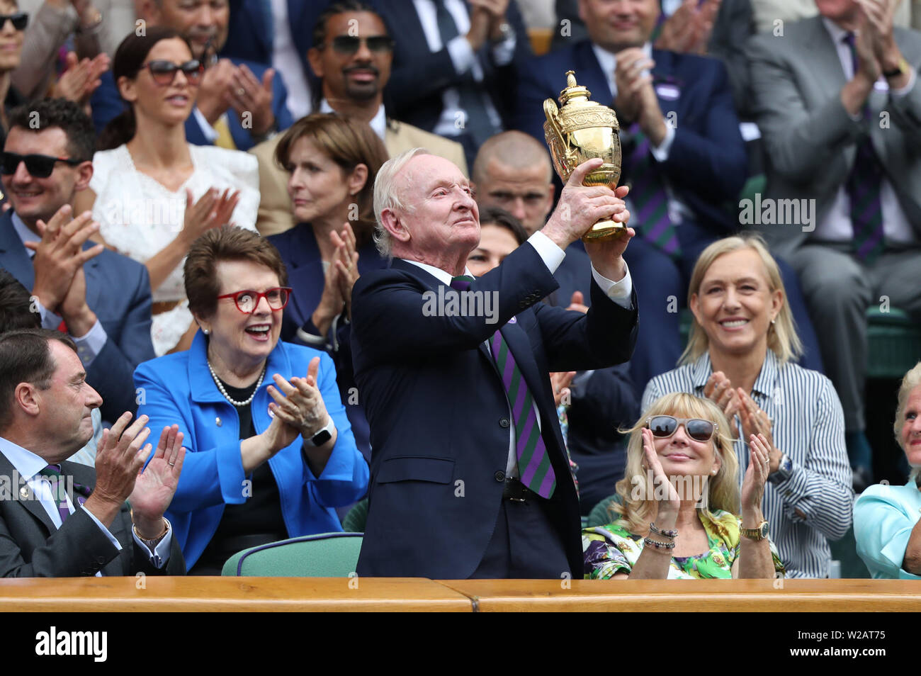 London, UK. 06th July, 2019. Rod Laver in the Royal box with Billie-Jean  King and Martina Navratilova behind him in The Royal Box on Centre Court on  Day Six at The Wimbledon