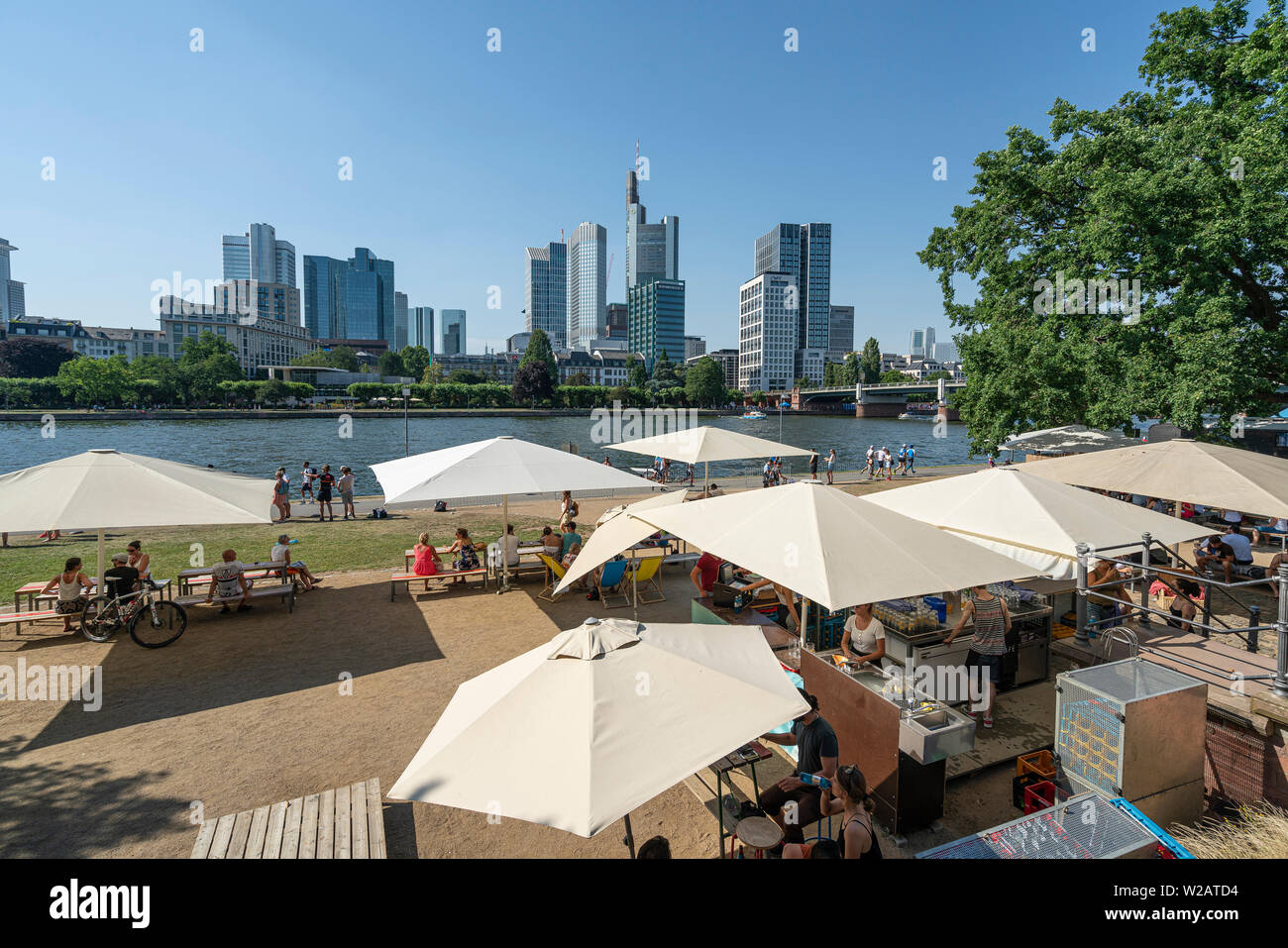 Frankfurt, Germany. July 2019.   an outdoor bar on the bank of the river Main Stock Photo