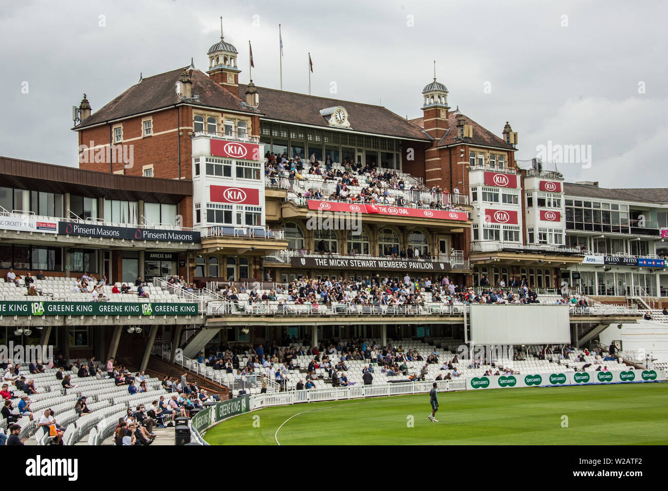 London, UK. 7 July, 2019. The Micky Stewart Members' Pavilion ahead of the first day of the Specsavers County Championship game between Surrey and Kent at the Kia Oval. David Rowe/Alamy Live News Stock Photo