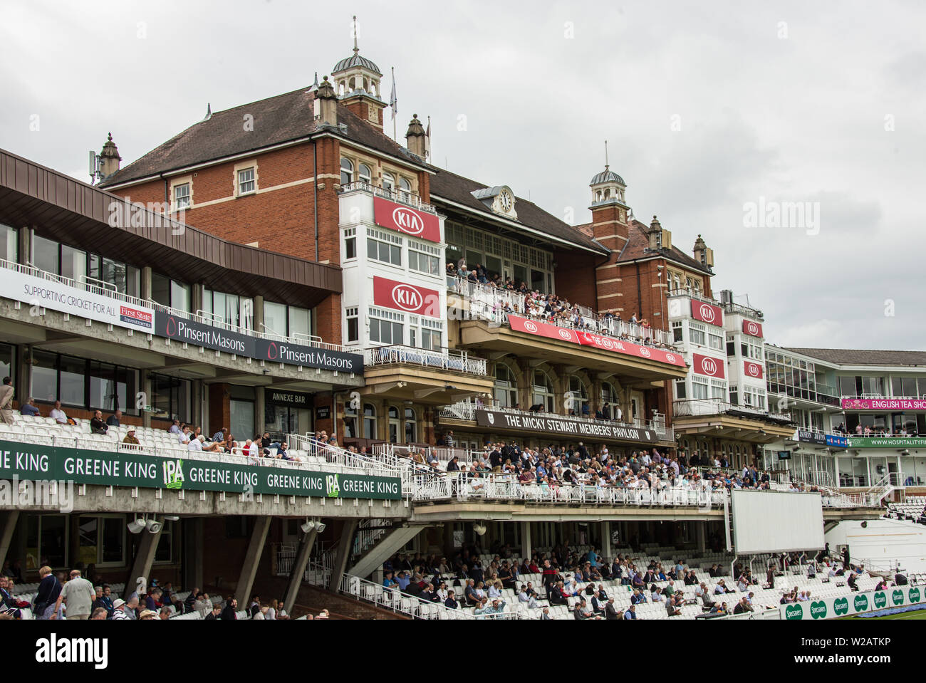 London, UK. 7 July, 2019. The Micky Stewart Members' Pavilion ahead of the first day of the Specsavers County Championship game between Surrey and Kent at the Kia Oval. David Rowe/Alamy Live News Stock Photo