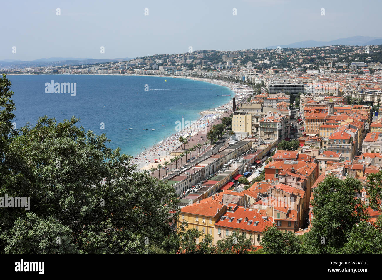 Baie des Anges and Vieille Ville roofs viewed from Colline du Château in Nice, France Stock Photo