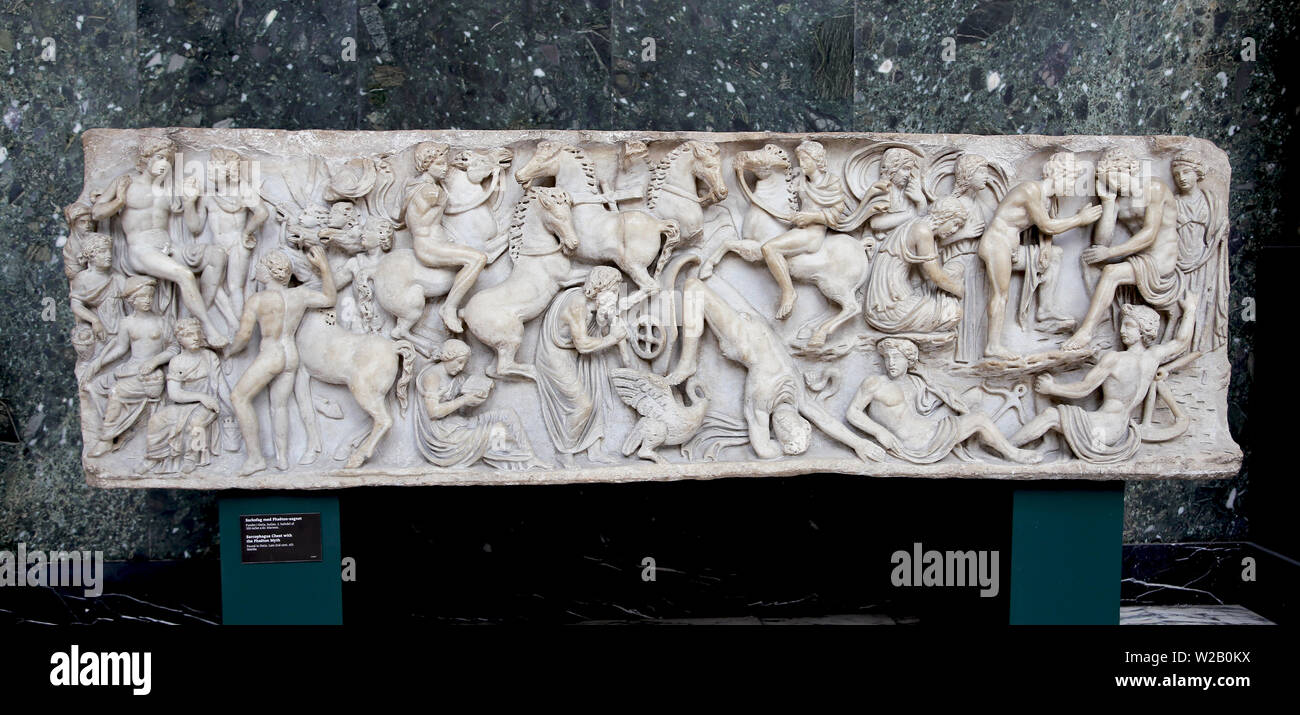 Sarcophagus Chest with the Phaeton Myth. The fall of Phaeton. Late 2nd cent. AD. Found in Ostia. Marble, Carlsberg Glyptotek. Stock Photo