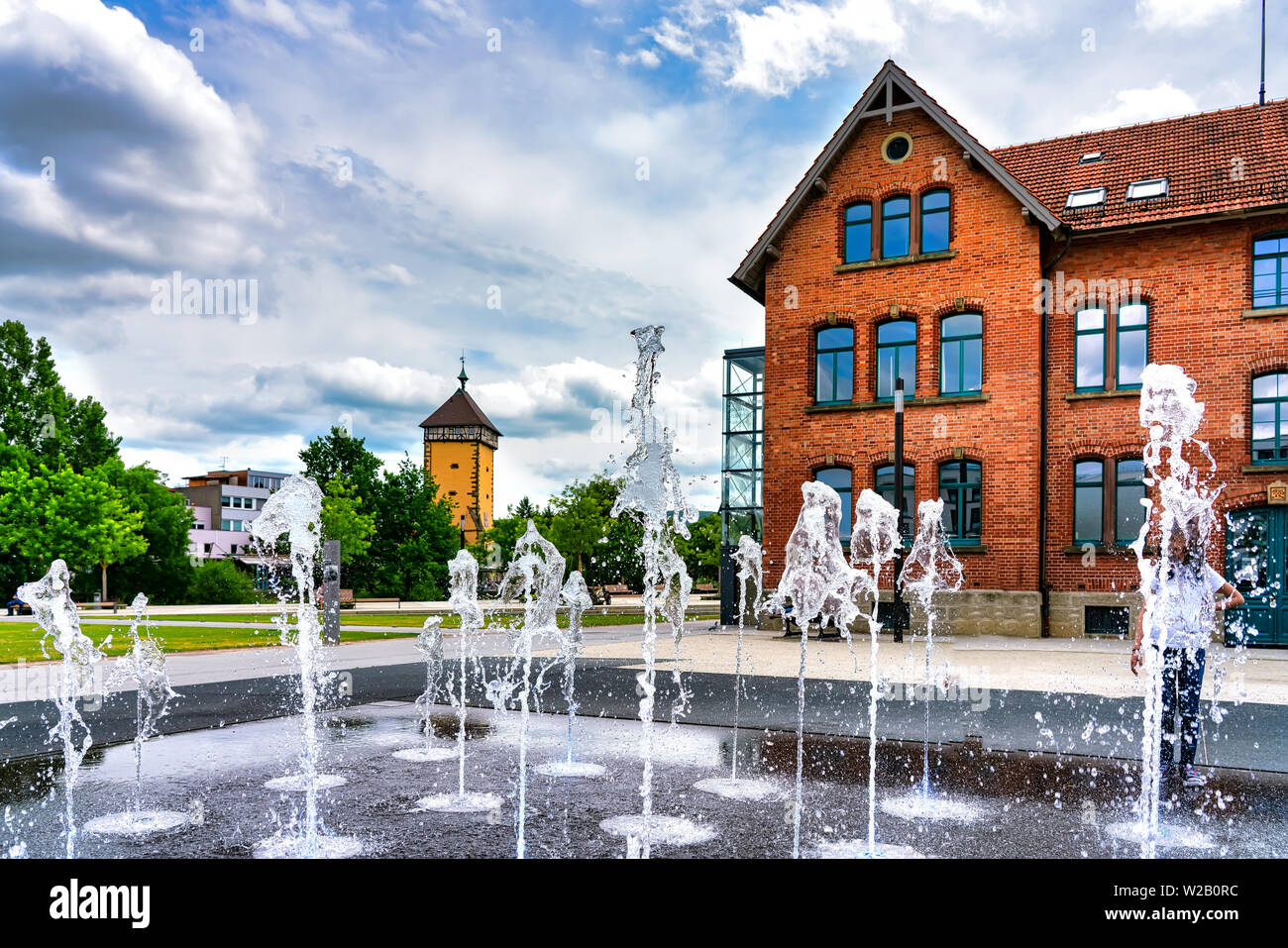 Water fountains in the Bürgerpark ( public park) of Reutlingen, Germany Stock Photo
