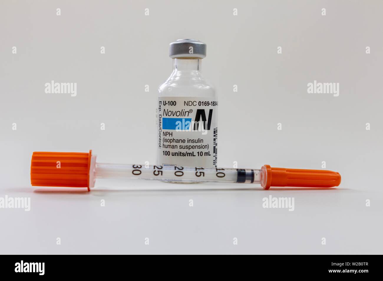 Novolin N insulin bottle and diabetes syringe Stock Photo