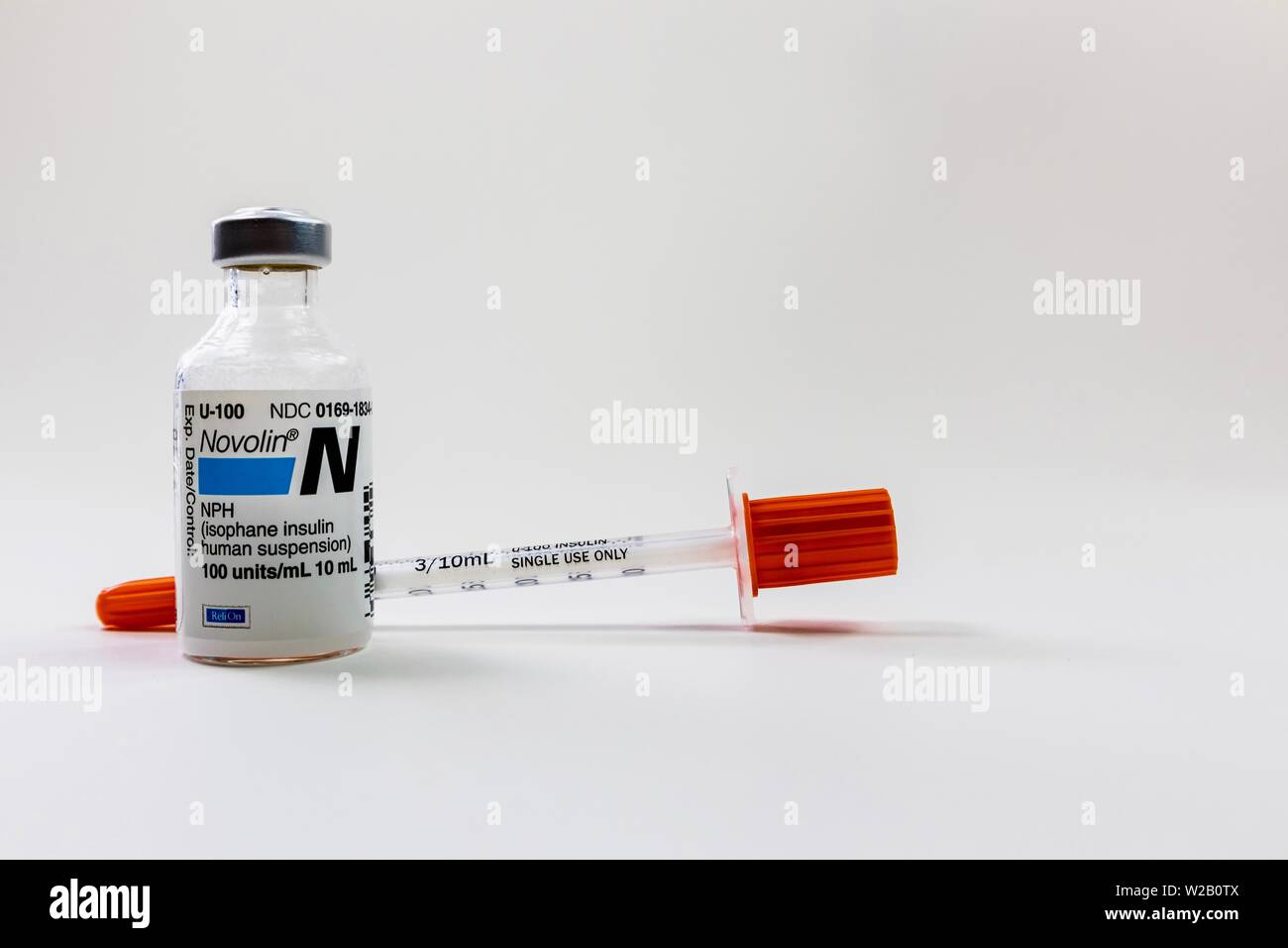 Novolin N insulin bottle and diabetes syringe Stock Photo