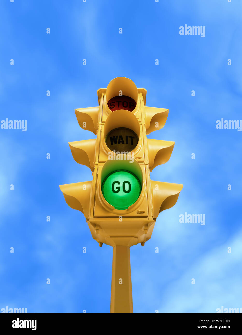 Upward View Of Tall Vintage Yellow Traffic Light With Green Go Signal On Blue Sky Background Stock Photo Alamy